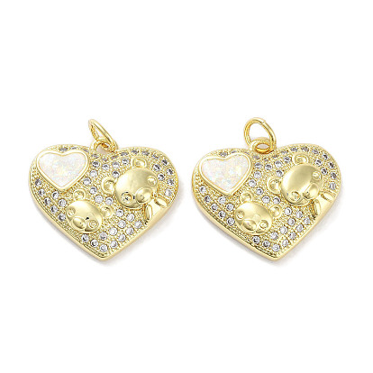 Brass Micro Pave Clear Cubic Zirconia Pendants, Cadmium Free & Lead Free, with Synthetic Opal and Jump Rings, Real 18K Gold Plated, Heart with Bear Charms
