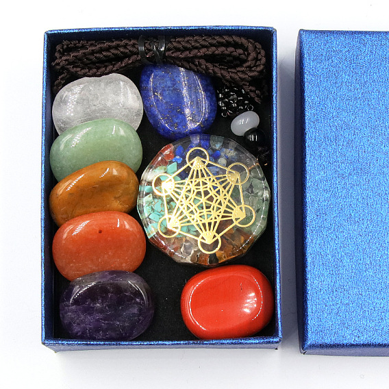 7 Chakra Healing Crystal Stones Kits, Including 7 Tumbled Spiritual Chakra Thumb Stones and 1 Necklace