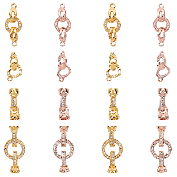 Brass Micro Pave Cubic Zirconia Fold Over Clasps, Mixed Shapes