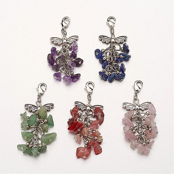Natural Gemstone Big Pendants, Cluster Pendants, with Alloy Pendants and Brass Lobster Claw Clasps, Mixed Metal Color, Butterfly
