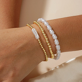 Elegant Faux Keshi Pearl and Brass Round Beaded Stretch Stackable Bracelet Sets for Women, White