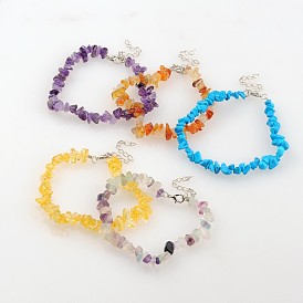 Gemstone Chips Beaded Anklets, with Zinc Alloy Lobster Claw Clasps and Iron End Chains, 230mm