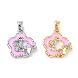 Brass Micro Pave Clear Cubic Zirconia Pendants, with Enamel, Flower with Butterfly