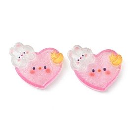 Translucent Resin Cabochons, Glitter Heart with Rabbit