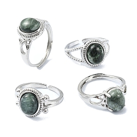 Rack Plating Adjustable Brass Cuff Rings, with Natural Seraphinite Beads, Lead Free & Cadmium Free, Oval