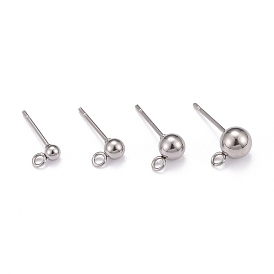 40Pcs 4 Styles 202 Stainless Steel Ball Stud Earring Findings, with 304 Stainless Steel Pins and Loop, Round