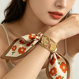 304 Bracelets manchettes en acier inoxydable ajourés à motif floral avec foulard en tissu imprimé de fleurs, or
