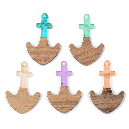 Transparent Resin & Walnut Wood Pendants, with Gold Foil, Anchor,