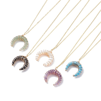 Gemstone Crescent Moon/Double Horn Pendant Necklace, Wire Wrapped Jewelry for Women, Golden