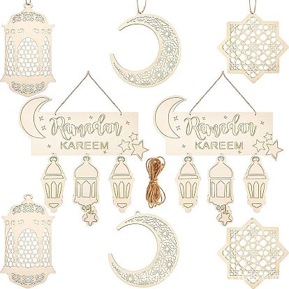 Eid Mubarak Wooden Hanging Decorations, with Hemp Rope, for Ramadan Festival, Lantern & Moon & Star