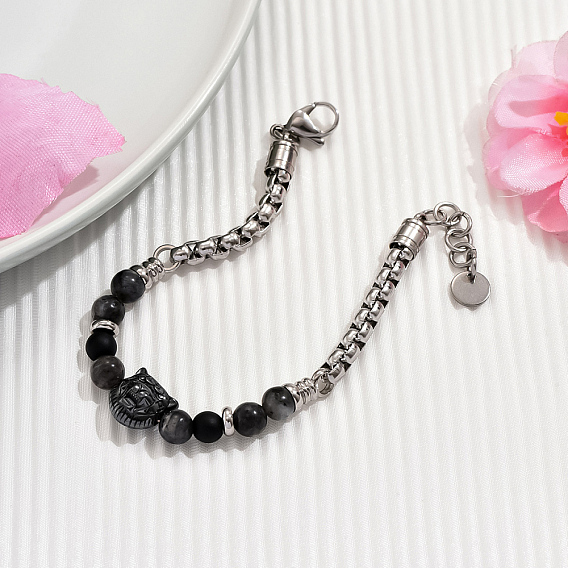 Браслеты из круглых бусин из натурального лабрадорита, браслеты-цепочки из нержавеющей стали для мужчин, голова тигра