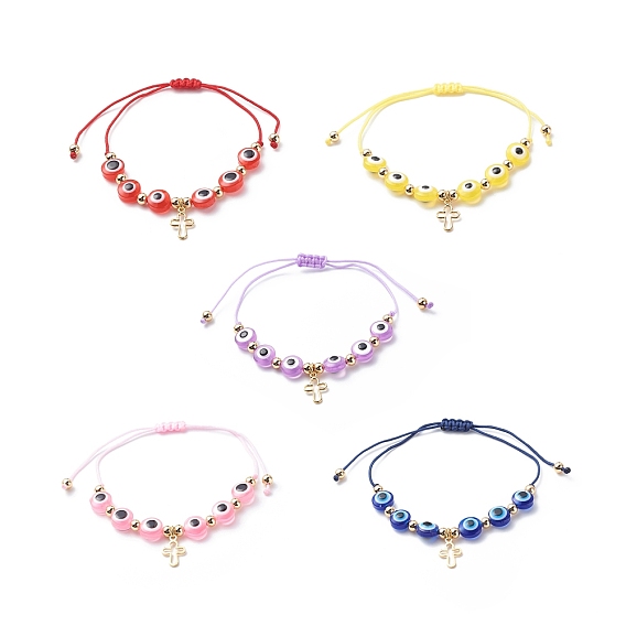 Brass Tiny Cross Charms Braided Beaded Bracelets for Women, with Evil Eye Resin Bead and Braided Nylon Thread