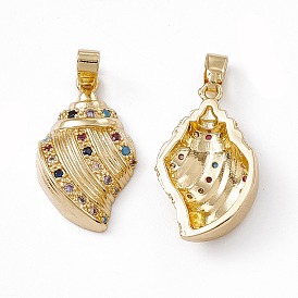 Brass Micro Pave Cubic Zirconia Pendants, with Glass Rhinestone, Real 18K Gold Plated, Conch Charm