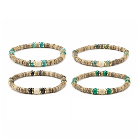 Bracelets élastiques, avec des perles naturelles et synthétiques pierres précieuses, perles de noix de coco et perles intercalaires en laiton