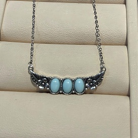 925 Овальное ожерелье из стерлингового серебра с подвеской в виде листа, украшенное синтетической бирюзой, окрашенной в цвет серебра., голубой