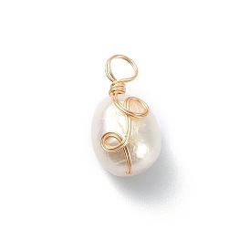Grade AA Natural Cultured Freshwater Pearl Pendants, Long-Lasting Plated Eco-Friendly Copper Wire Wrapped Pearl Charms, Two Sides Polished