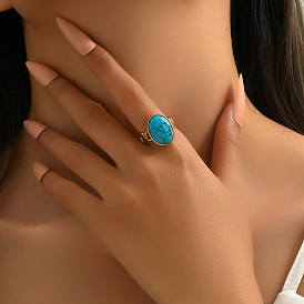 Стильное французское овальное кольцо из синтетической бирюзы для женщин, манжеты из нержавеющей стали, подарок на праздничную дату