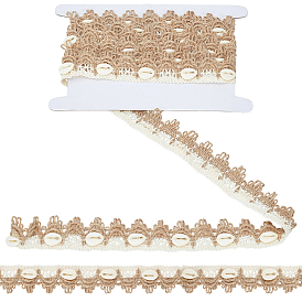 3Yards Cotton and Linen & Shell Beaded Trim Ribbon, for Garment Accessories, 1Pc Cardboard Display Card