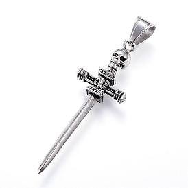 316 Surgical Stainless Steel Big Pendants, Sword with Skull