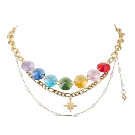 Звездный кулон с чакрой, восьмиугольный стеклянный бисер 304 из нержавеющей стали, цепочка Фигаро, нагрудные ожерелья для женщин, красочный