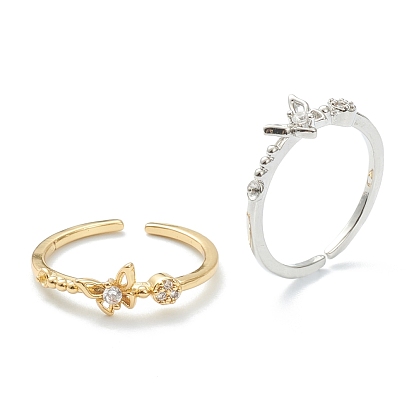 Brass Clear Cubic Zirconia Cuff Rings, Open Rings, Long-Lasting Plated, Butterfly