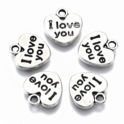 Tibetan Style Alloy Charms, Heart with Word I Yove You, for Valentine's Day, Cadmium Free & Lead Free