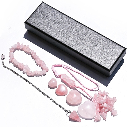Natural Rose Quartz Dowsing Pendulum Cone Big Pendants & Heart Massage Stone & Bracelet & Pendant Decoration Sets, for Reiki Chakra Meditation Therapy Decos