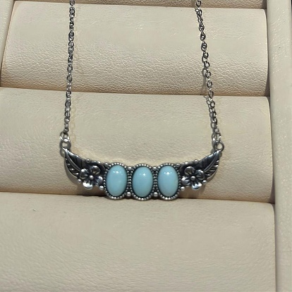 925 Овальное ожерелье из стерлингового серебра с подвеской в виде листа, украшенное синтетической бирюзой, окрашенной в цвет серебра., голубой