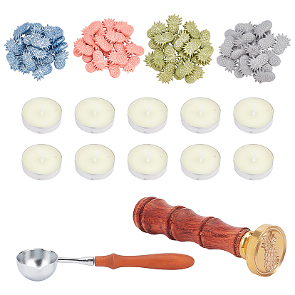 DIY Scrapbook Making Kits, Including 1Pc Wood Handle, 1Pc Brass Wax Seal Stamp Head, 80Pcs 4 Colors Sealing Wax Particles, 1Pc Brass Wax Sticks Melting Spoon, 10 Box Paraffin Candles