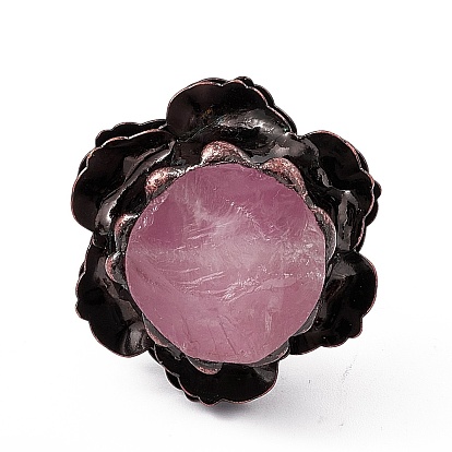 Flower Natural Rose Quartz Cuff Rings, Rack Plating Brass Wide Ring for Women, Cadmium Free & Lead Free, Red Copper