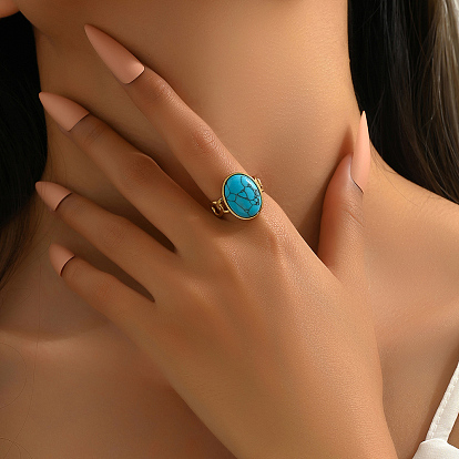 Стильное французское овальное кольцо из синтетической бирюзы для женщин, манжеты из нержавеющей стали, подарок на праздничную дату
