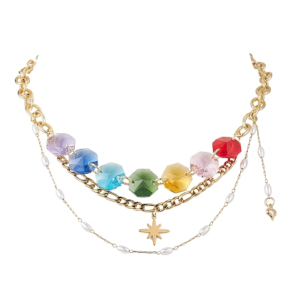 Звездный кулон с чакрой, восьмиугольный стеклянный бисер 304 из нержавеющей стали, цепочка Фигаро, нагрудные ожерелья для женщин, красочный