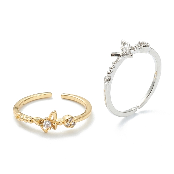 Brass Clear Cubic Zirconia Cuff Rings, Open Rings, Long-Lasting Plated, Butterfly