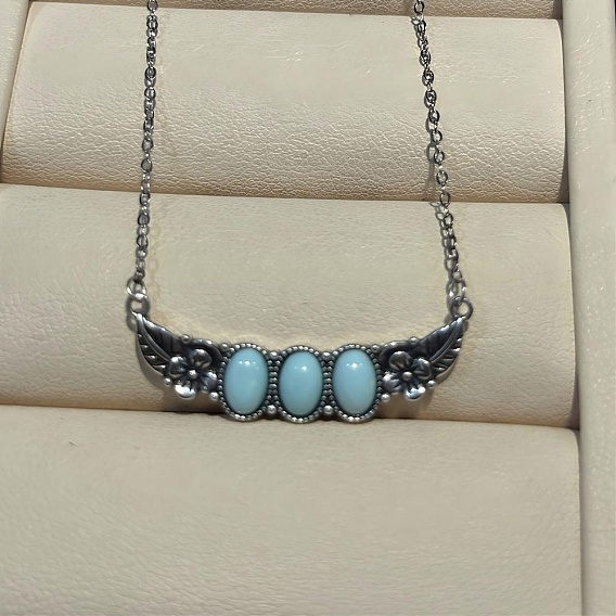 925 Овальное ожерелье из стерлингового серебра с подвеской в виде листа, украшенное синтетической бирюзой, окрашенной в цвет серебра., голубой