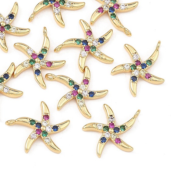 SHEGRACE Brass Colorful Cubic Zirconia Charms, Starfish Charms, Cadmium Free & Lead Free & Nickel Free