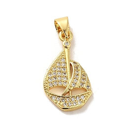 Rack Plating Brass Micro Pave Clear Cubic Zirconia Pendants, Long-Lasting Plated, Cadmium Free & Lead Free, Sailboat