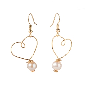 Brass Dangle Earrings, with Natural Pearl Beads, Heart