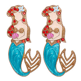 Exaggerated Oil Inlaid Diamond Cartoon Mermaid Earrings - European and American Style