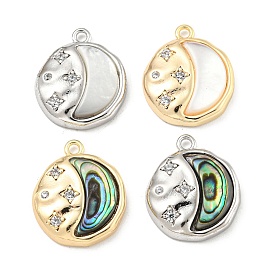 Brass Micro Pave Clear Cubic Zirconia Pendants, with Shell, Flat Round Charms