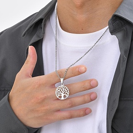 Stainless Steel Hollow Tree of Life Pendant Necklaces for Men