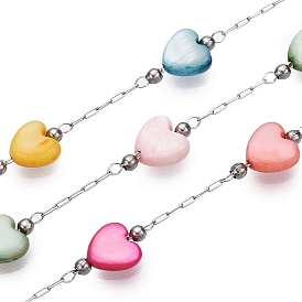 Handmade Shell Beads Heart Chains, for Necklaces Bracelets Making, with 304 Stainless Steel Chains, Soldered, with Spool