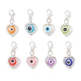 Decoraciones colgantes de resina, corazón con mal de ojo, con aleación de zinc hebillas de pinza de langosta, color mezclado