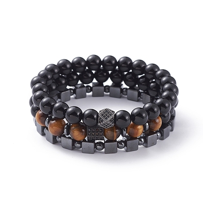 Unisex Stretch Bracelets Sets, Stackable Bracelets, with Natural Black Agate(Dyed)/Tiger Eye Beads, Non-Magnetic Synthetic Hematite Beads, Brass Micro Pave Cubic Zirconia Beads and Cardboard Packing Box