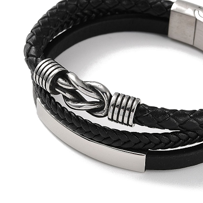 Men's Braided Black PU Leather Cord Multi-Strand Bracelets, Knot 304 Stainless Steel Link Bracelets with Magnetic Clasps