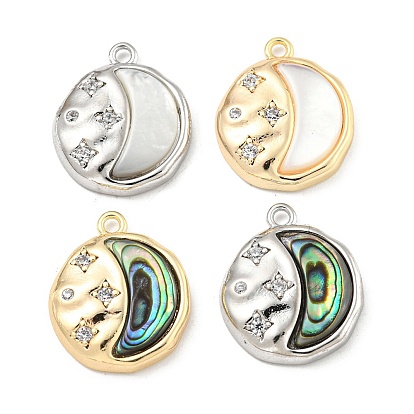Brass Micro Pave Clear Cubic Zirconia Pendants, Cadmium Free & Nickel Free & Lead Free, with Shell, Flat Round Charms