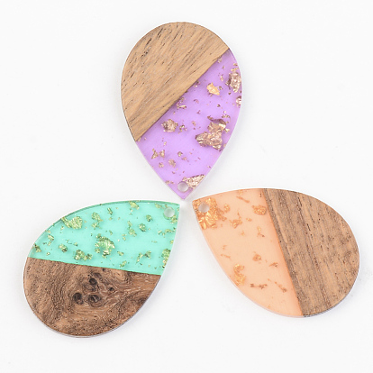 Transparent Resin & Walnut Wood Pendants, with Gold Foil, Teardrop