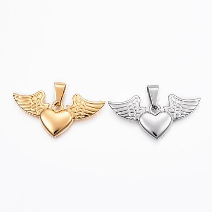 304 Stainless Steel Pendants,  Heart with Wing