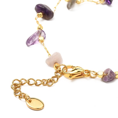 Natural Mixed Gemstone Chip Beaded Bracelet for Girl Women, Brass Cable Chain Bracelet, Golden