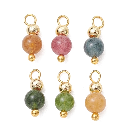Подвески из окрашенного натурального зеленого нефрита, имитирующего турмалин., круглые подвески, с медными петлями, золотые
