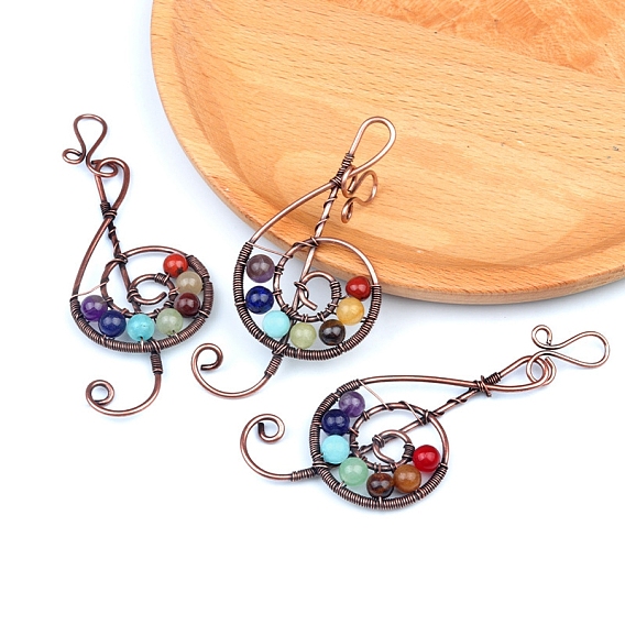 Chakra Gemstone Big Pendants, Red Copper Plated Musical Note Metal Charms